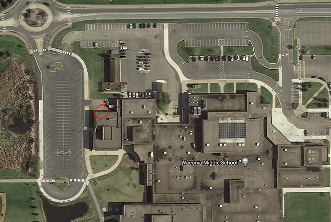 Map of middle school with circle around robotics room